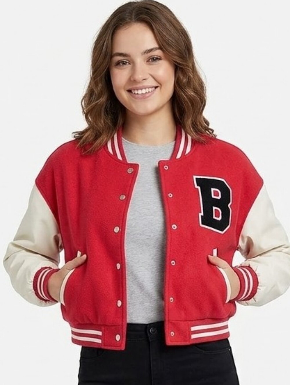 Love Tree Varsity Jacket Barbie University Fleece Pink White Large